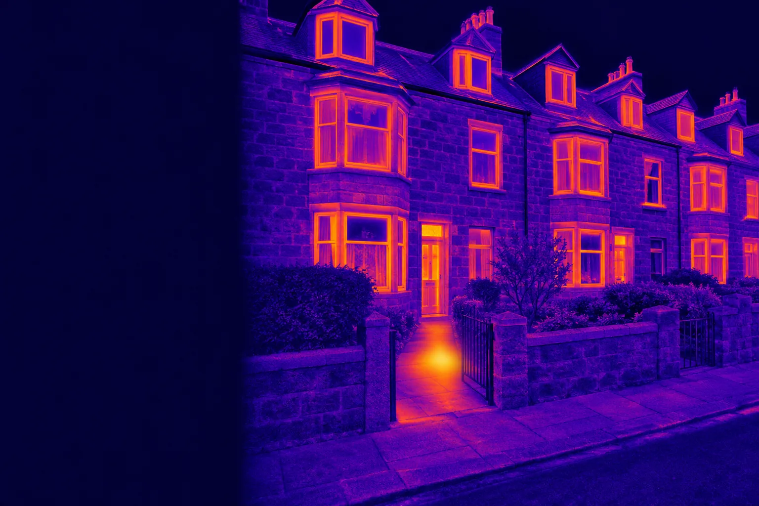 Thermal illustration of granite terraced houses in Aberdeen with a warm patch on a front path