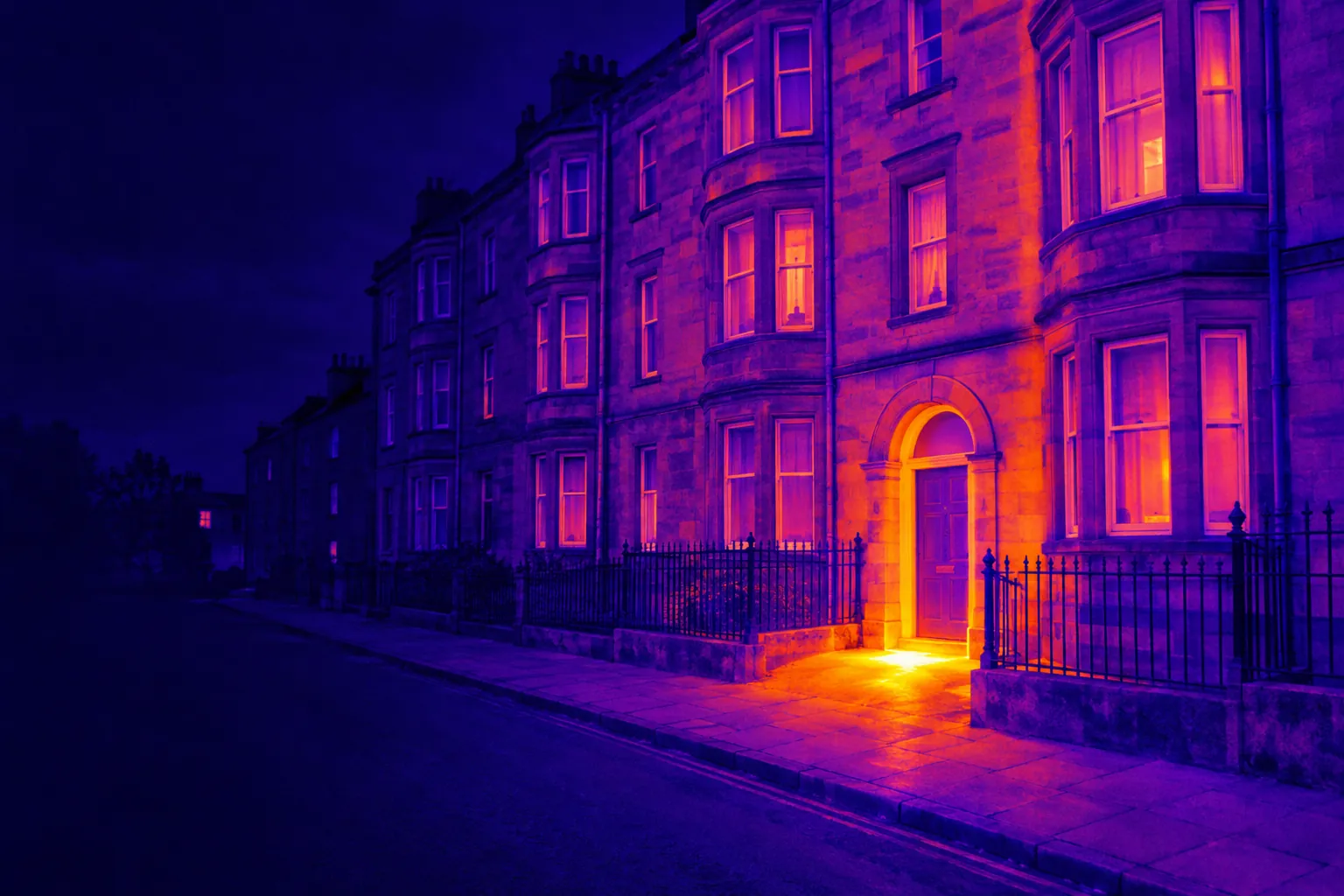 Thermal illustration of a red sandstone tenement street in Glasgow with a warm patch on the pavement outside a close