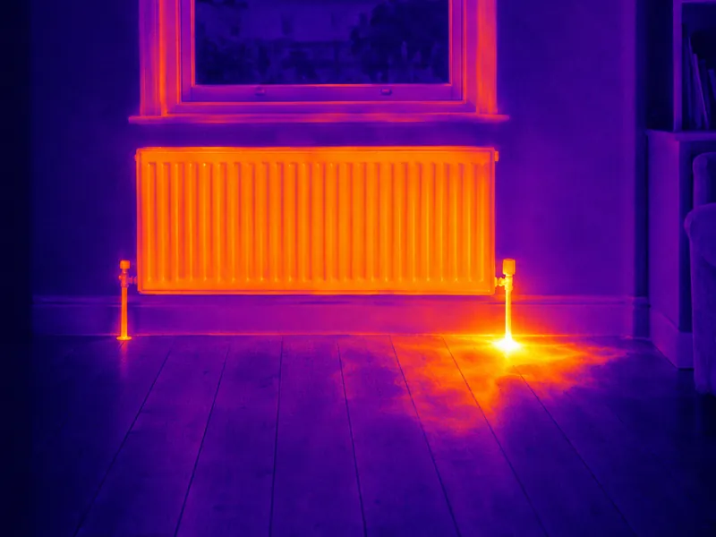 Thermal illustration of a central heating pipe leaking under the floor beside a radiator