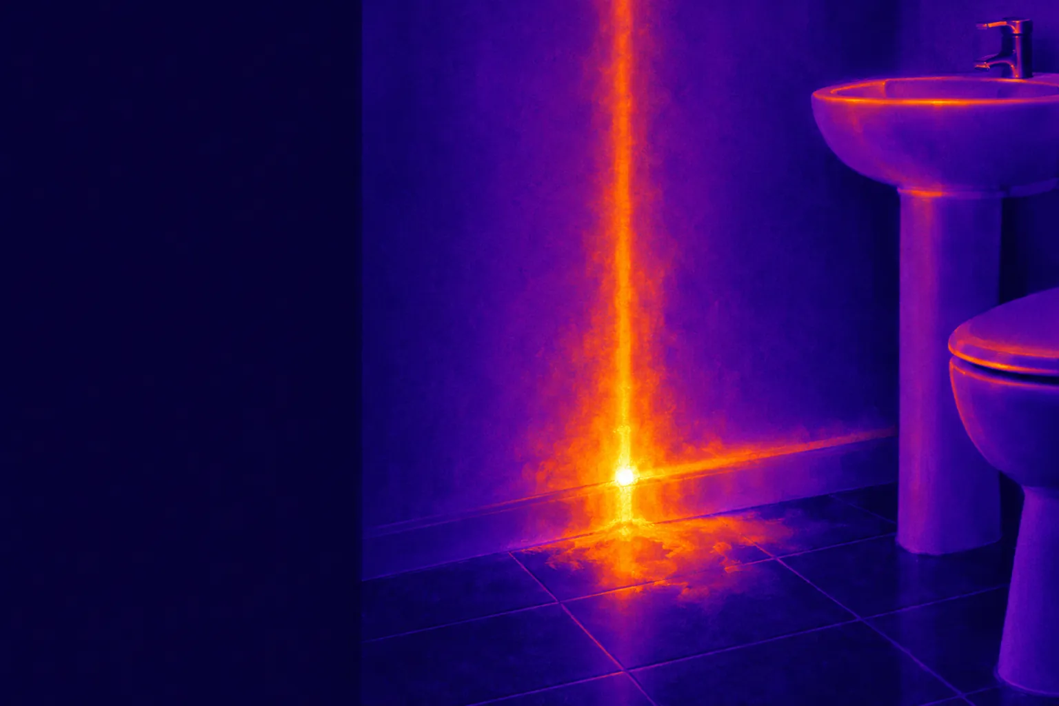 Thermal illustration of a hot water pipe leaking behind a bathroom wall, at the joint where the wall meets the tiled floor